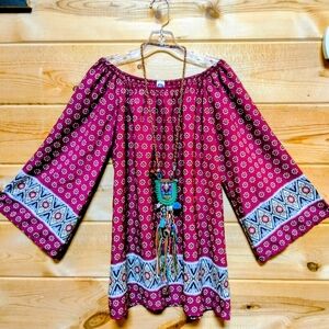 Honeyme Burgundy And Floral Off-Shoulder Tunic
